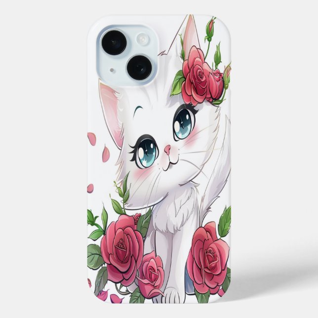 Chat de dessin blanc mignon avec coque iphone Rose (Verso)
