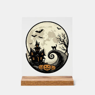 Chat de Halloween Vintage Maison Hantée Lune Vecte