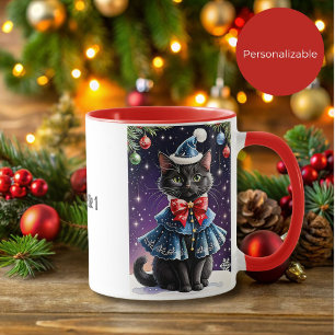 Chat de Noël noir dans Blue Cape Mug