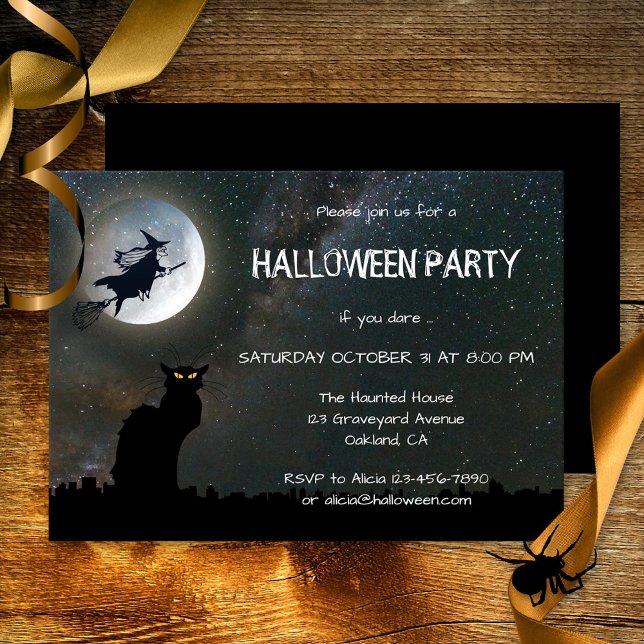 Chat de nuit Lune Invitation de la fête d'Hallowee (Halloween party invitation featuring a black cat sitting on the roof at full moon - with witch)