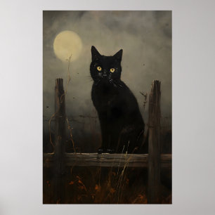 Chat de nuit noir impression vintage, chat de lune