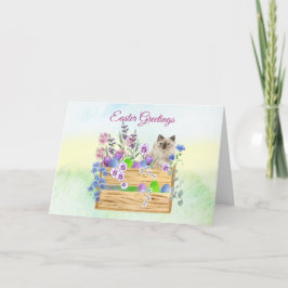 Chat de Pâques avec fleurs bleues et oeufs Carte d