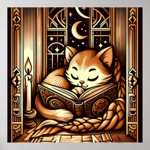 Chat de style Art Déco dormant avec un livre