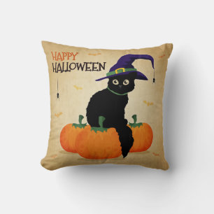 Chat d'Halloween vintage et Citrouilles Coussin