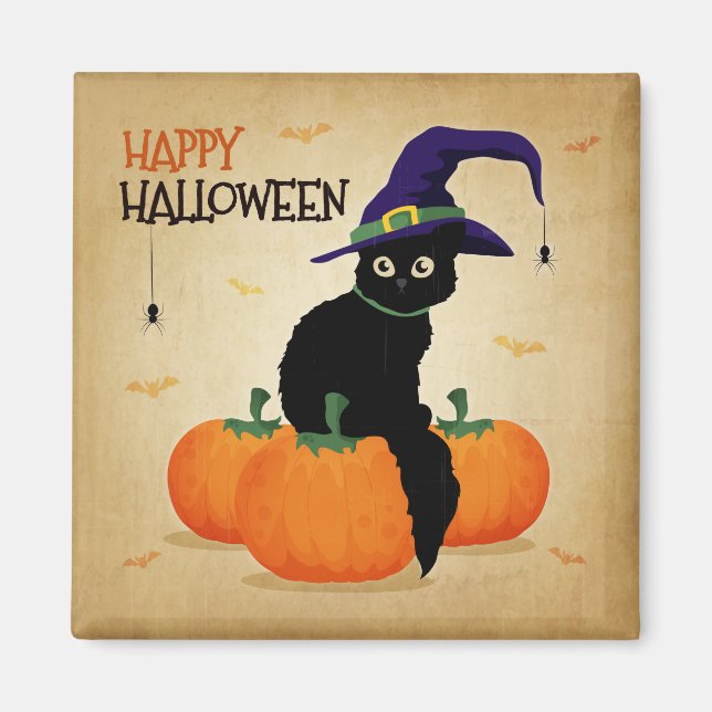 Chat d'Halloween vintage et Citrouilles | Magnet (Devant)