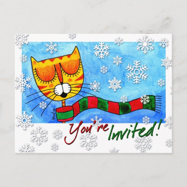 Chat d'hiver - Vous êtes invité ! Carte postale (Devant)