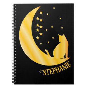 Chat D'Or Assis Sur Le Carnet Nocturne Lune