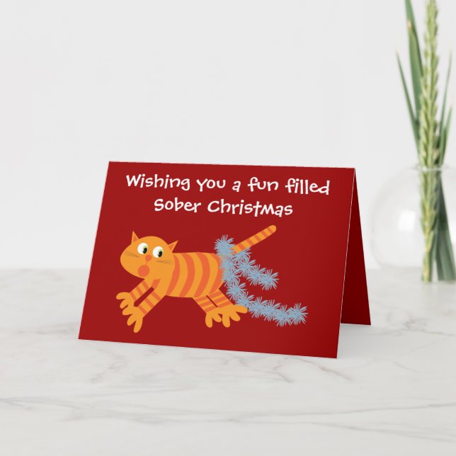 Chat Drôle Avec Tinsel Sobriety Carte de Noël (Devant)