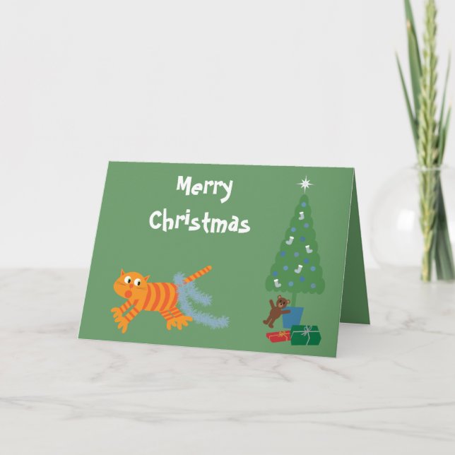 Chat Drôle Avec Tinsel Sur La Queue Carte De Noël  (Devant)