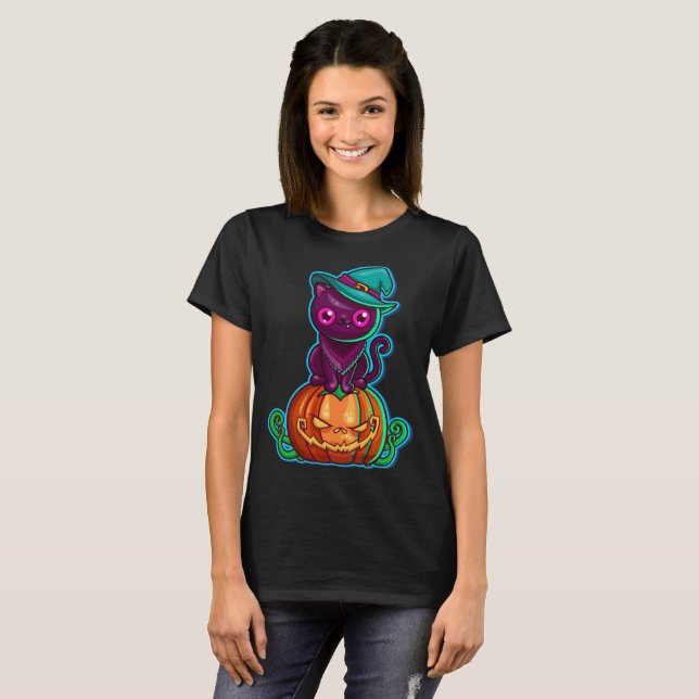 Chat éffrayant à l'Halloween Citrouille | T-shirt (Devant entier)