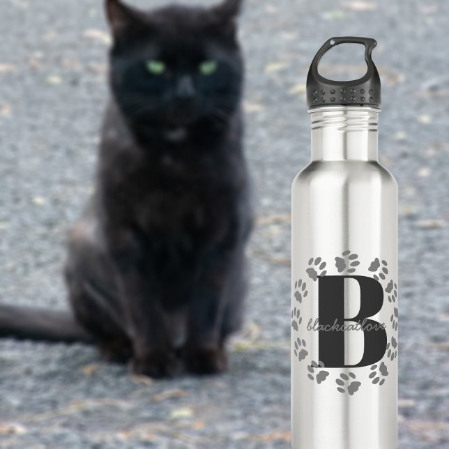 Chat Empreintes de pattes Monogramme Bouteille d'e (Add your initial and name to this pet paw print water bottle)