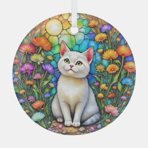 Chat en verre et fleurs sauvages Ornement en verre