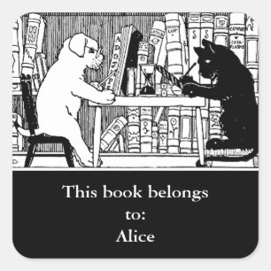 Chat et chien dans la bibliothèque Sticker rond cl