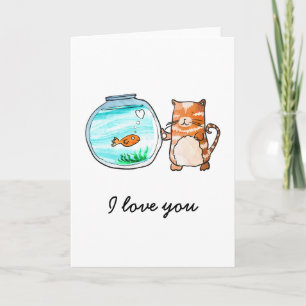 Chat et poisson rouge en carte d'amour
