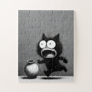 Chat et vase paniques - Puzzle de dessin monochrom