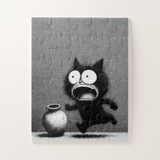 Chat et vase paniques - Puzzle de dessin monochrom