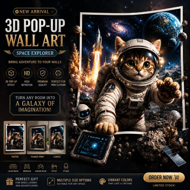 Chat Explorateur Spatial Art Poster Mural 3D Pop-U (Créateur téléchargé)
