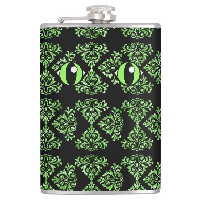 Chat Eyes Green Damask Vinyl Wrapped Flask Flachmann (Vorderseite)