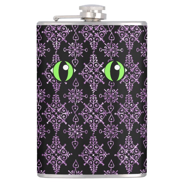 Chat Eyes Lila Damask Vinyl Wrapped Flask Flachmann (Vorderseite)