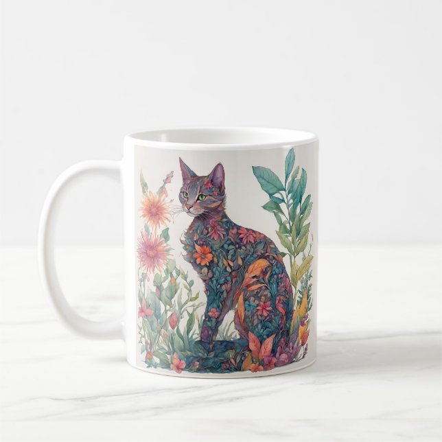 Chat floral Feline Colorful Illustrated Mug (Gauche)