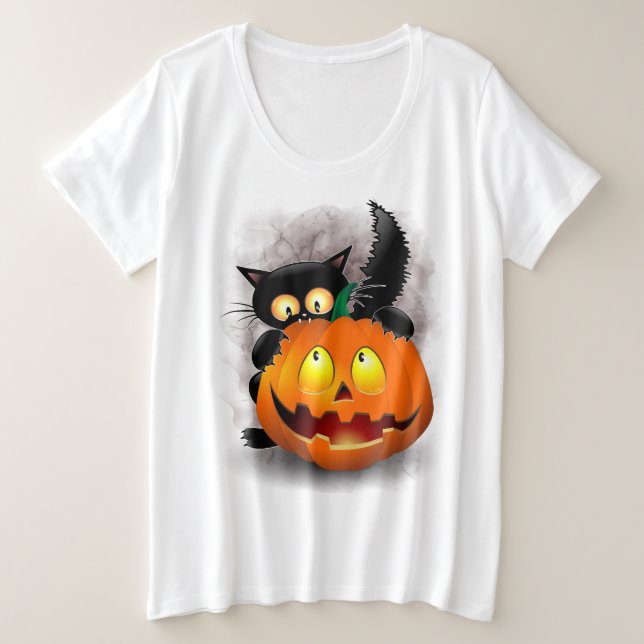 Chat Fun Halloween Caractère mordant un Citrouille (Design devant)