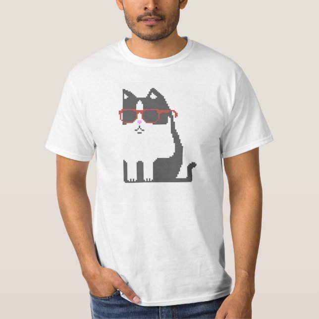 Chat gris dans le T-shirt rouge d'art de pixel en (Devant)