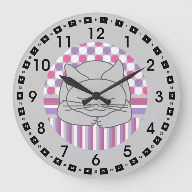 Chat Gris Dormant Motif Oval Grande horloge (Recto)
