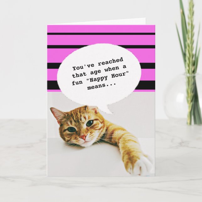 Chat Happy Hour Obtenir Vieux Amusant Carte Annive (Devant)