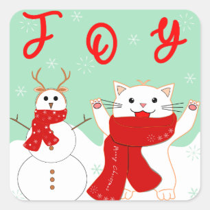 Chat Heureux Avec Bonhomme de Neige   Autocollant 
