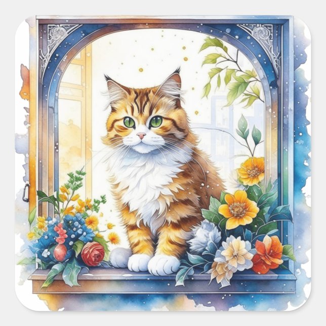 Chat im Fenster mit Blume Quadratischer Aufkleber (Vorderseite)