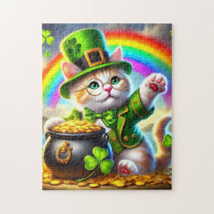 Chat irlandais avec Pot or et Puzzle arc-en-ciel