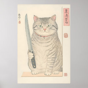 Chat Japonais Drôle avec un Couteau Impression de 