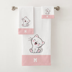 Chat Kitty & Monogramme sur Serviette de Bain Rose