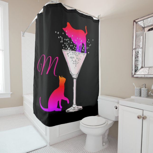 Chat Lovers Pink Black Modern Monogram Duschvorhang (Beispiel)