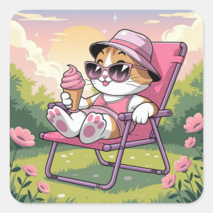 Chat manger été crème glacée autocollant carré