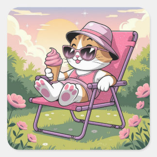 Chat manger été crème glacée autocollant carré