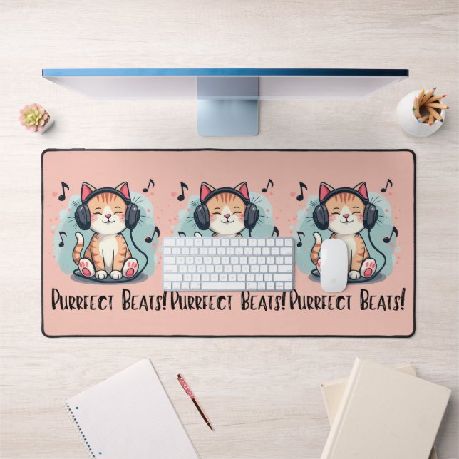 Chat mignon avec casque Kawaii Music Lover Art (Bureau 1)
