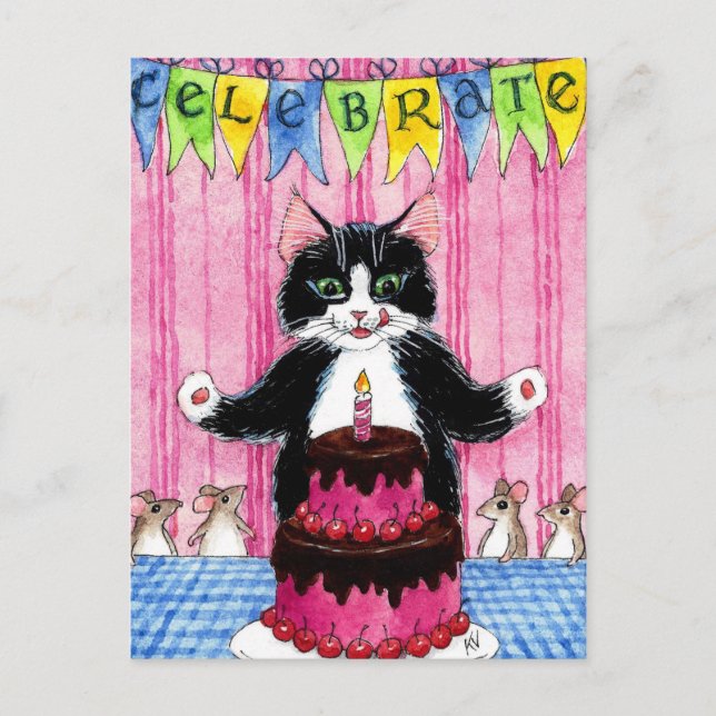 Chat mignon avec rose célébrer cake carte postale (Devant)