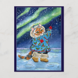 Chat mignon, carte postale aux lumières du nord