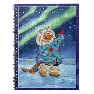 Chat mignon, lumières du nord, carnet d'hiver