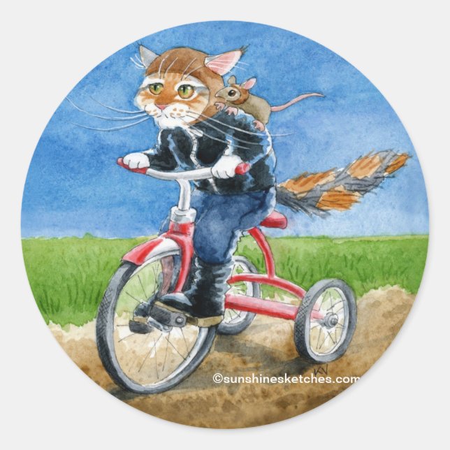 Chat mignon sur tricycle caricature sticker (Devant)