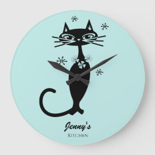 Chat noir atomique rétro horloge personnalisée