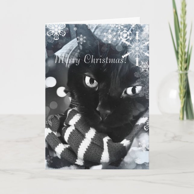 Chat noir avec la carte de Noël de flocons de (Devant)