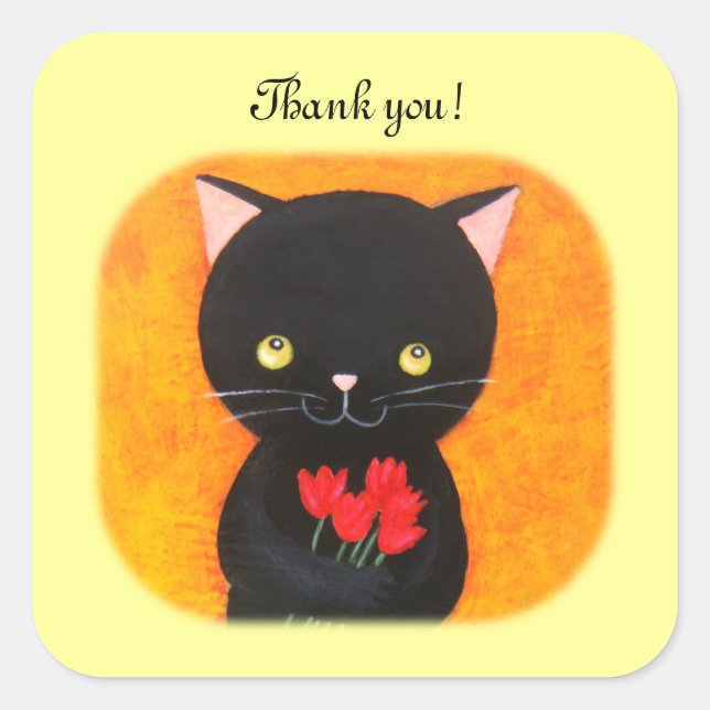 Chat noir avec Merci Fleurs Stickers Faveur (Devant)