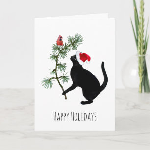 Chat noir avec Oiseau rouge dans l'arbre Carte de 