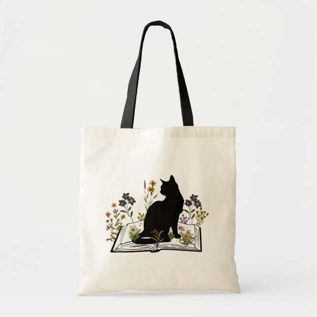 Chat noir avec sac fourre-tout de livre floral (Devant)