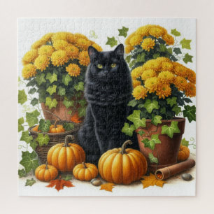 Chat noir Chrysanthèmes jaunes Puzzle Saison Autom