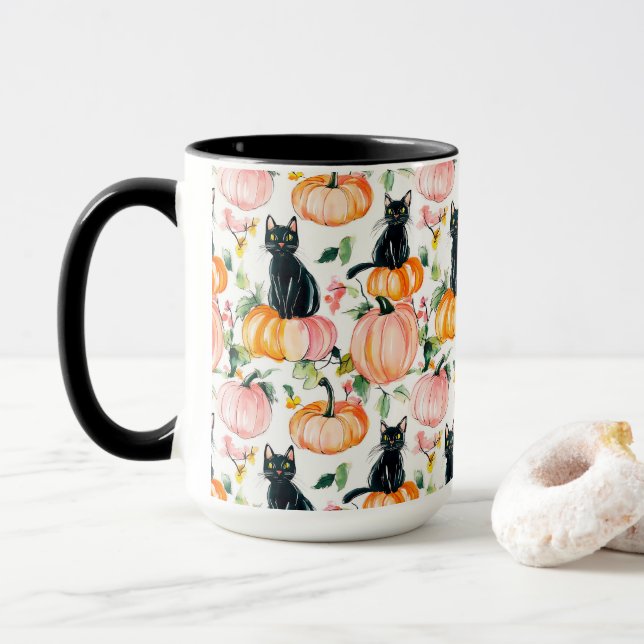 Chat noir & Citrouille Automne Tasse Café de Hallo (Avec donut)