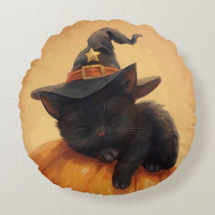 Chat noir couché Halloween Coussin rond