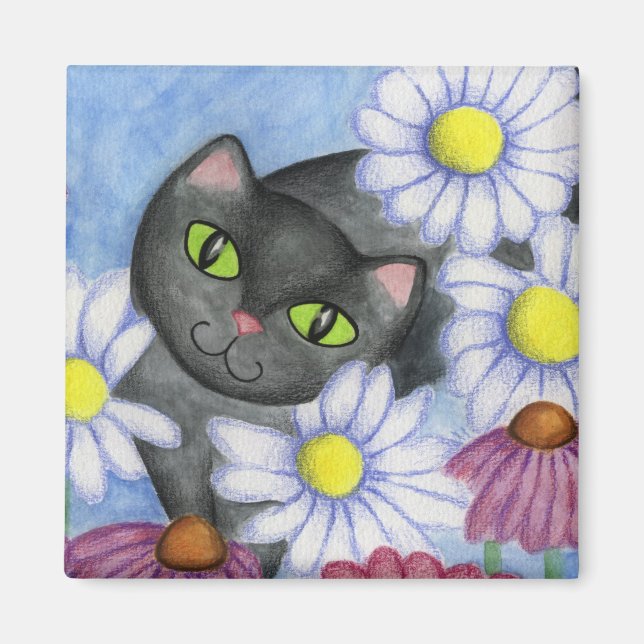 Chat Noir Dans Fleurs Magnet (Devant)
